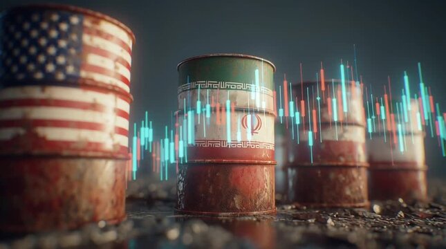 Oil drums with holographic US and Iran flags and stock market charts for global energy trade concept