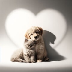 kitten and a puppy hugging each other, floating slightly above a white background