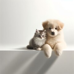 kitten and a puppy hugging each other, floating slightly above a white background