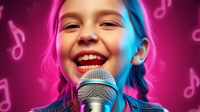 Joyful young girl singing with neon music notes on vibrant pink background