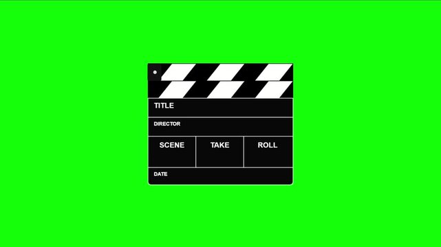 A film clapboard in animation mode on a vibrant green screen set