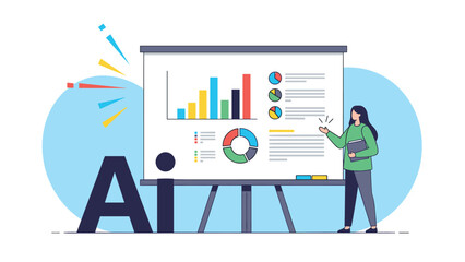 Female professional uses a large digital screen with charts and graphs alongside the letters Ai to explain data analysis and smart technology.