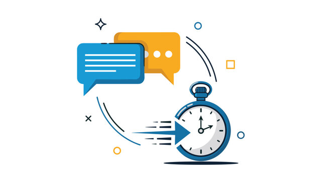 Blue stopwatch with a fast-moving arrow and speech bubbles symbolizes quick communication, efficient customer support, and rapid response times.