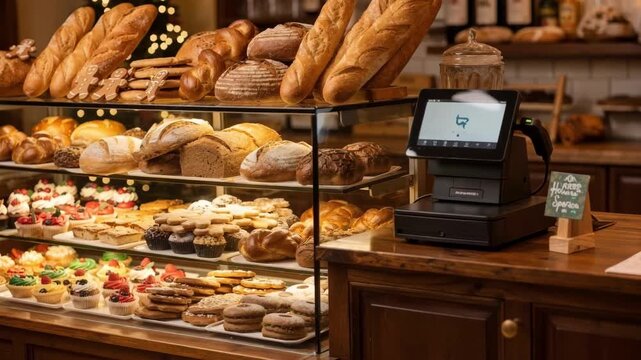 Medium shot focused on bakery glass case brimming with seasonal breads and festive sweets complemented by a pointofsale terminal evoking a cozy holiday shopping scene.