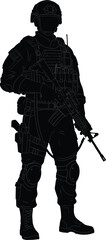 Black silhouette illustration of a modern special forces soldier in full tactical gear holding an assault rifle isolated on a white background for design