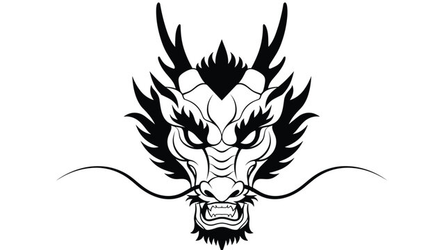 Detailed black and white illustration of a traditional mythical dragon head with fierce eyes, horns, and long whiskers.