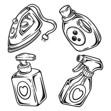 illustration art hand drawn black and white loundry item detergen iron and parfume icon vector design