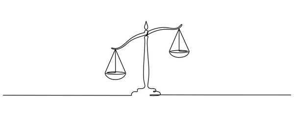 Scale One Line Drawing. Balance Concept Abstract Minimal Simple Linear Drawing. Justice Symbol of Scale Continuous One Line Illustration. Editable stroke