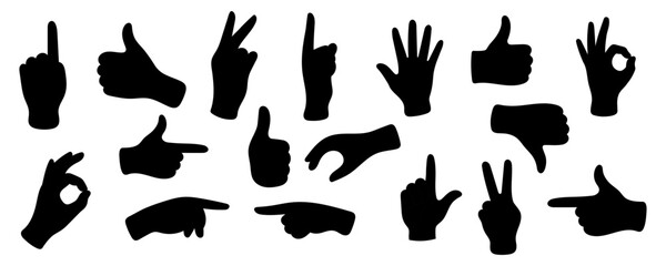 Obraz premium Set of hand gestures black silhouettes. Hand silhouettes set. Different hand poses.