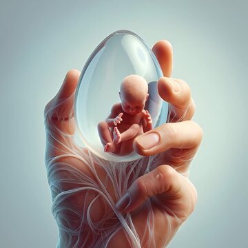 human hand holding embryo in the transparent egg