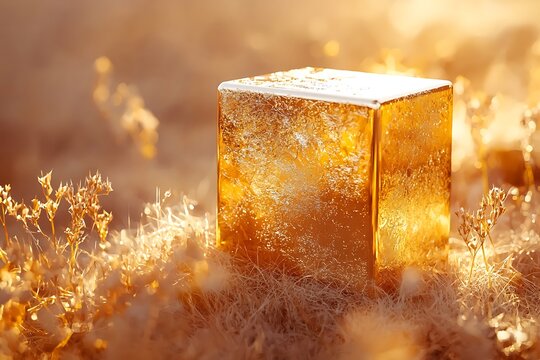 Golden Cube in Nature's Embrace: An exquisite golden cube rests delicately amidst a field of delicate plants, enveloped in a warm, inviting glow.