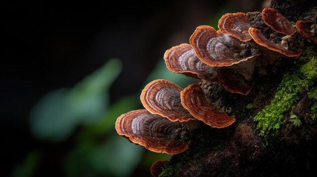 Clusters of layered shelf mushrooms growing on decaying wood in a natural forest environment
