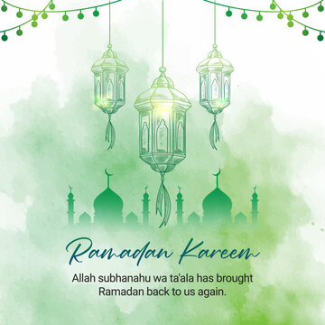 Ramadan Kareem  Mosque Silhouette, Hand-Drawn Lanterns, and Islamic Quote Social Media Design Template