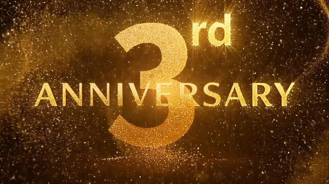 Luxury Golden 3rd Anniversary Celebration Banner with Glitter Sparkle Particles on Black Background for Elegant Corporate Event Promotion
