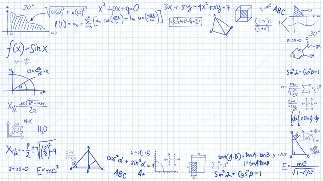 Educational white grid paper background with blue mathematical formulas framing an empty center for school