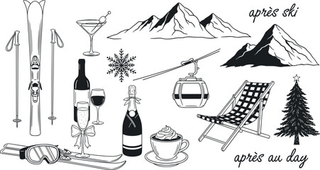Winter ski resort and apres ski set with mountains skis gondola champagne and cozy drinks for cad drawing flat vector illustration, © MDMOHOBBAT