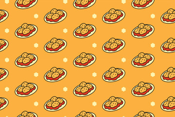 Meatballs with tomato sauce colorful seamless pattern on yellow background set for restaurant. Meatball plate cartoon pattern background for cafes. Italian meatball doodle isolated illustration motif