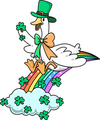Obraz premium Goose Riding Rainbow with Shamrocks Illustration