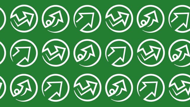 Seamless pattern with white growth arrow icons on a green background animation. Abstract financial success wallpaper with upward momentum symbols. Horizontal business banner with stock market profit.