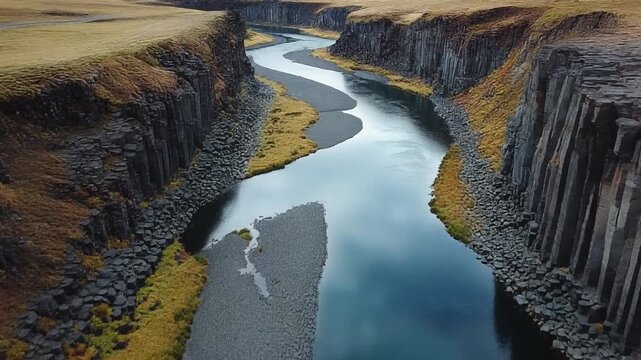 A serene river flows through a canyon with steep cliffs and rocky terrain, viewed from above.