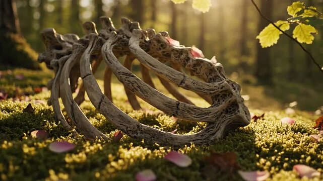 Gnarled tree roots arranged in a gentle curve on mossy ground in a sunlit forest