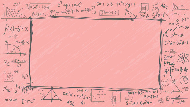 Feminine pink background featuring hand drawn black mathematical equations framing a central area for education