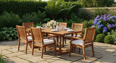 Obraz premium Outdoor dining set with table and chairs in a garden setting