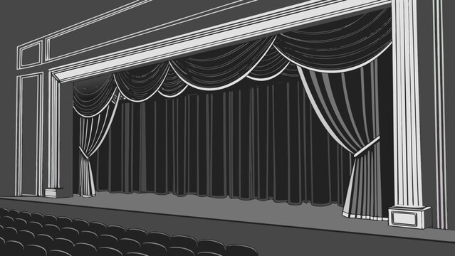 Empty Theater Stage with Elegant Curtains and Seating.