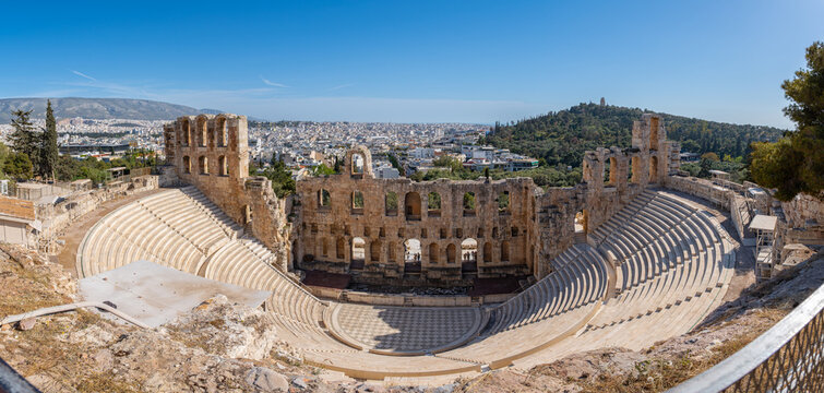 Odeon of Herodes Atticus in Athens, Greece with Philopappos Monument in the background