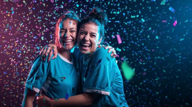 Two happy female soccer players hugging and screaming in celebration under falling confetti. This victory and sports championship scene shows a winning team expressing excitement after a successful ga