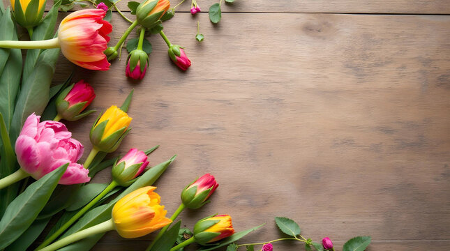 A vibrant collection of pink, yellow, and orange tulips with fresh green leaves is artistically scattered across a warm, textured wooden surface, creating a beautiful spring-inspired floral layout