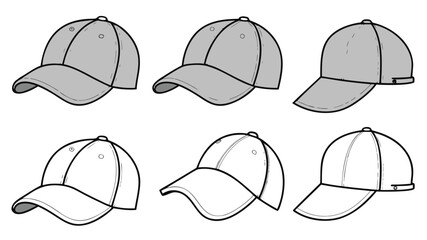 Six baseball caps in different shades of grey, flat design