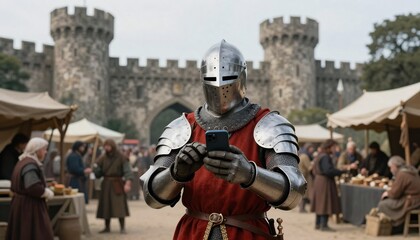 Naklejka premium A knight in full armor uses a smartphone at a medieval market in front of a castle.