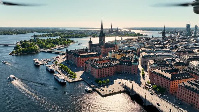 Aerial view of Stockholm city with water and buildings.