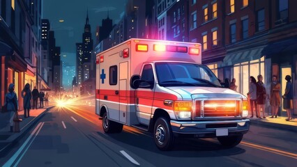 Obraz premium An ambulance speeds down a city street at night, lights flashing, as pedestrians watch