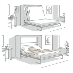 Modern bedroom interior with furniture and natural light