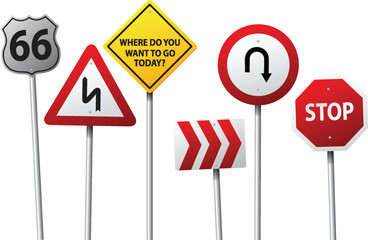 Road traffic warning signs set on white poles isolated urban safety symbols vector illustration