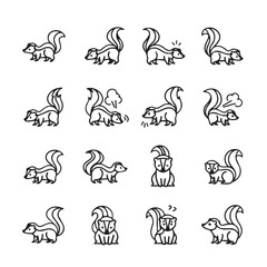 Fototapeta premium Skunk Icons Set Cute Animal Illustrations Line Art Simple Vector Graphics