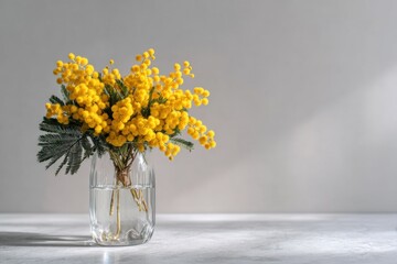 Naklejka premium Yellow mimosa flowers in clear vase on marble surface