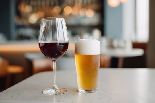Red wine and craft beer on a bar table in cozy ambient setting