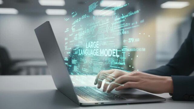 Innovative Futuristic Large Language Model AI Hologram With Productive Typing On Laptop
