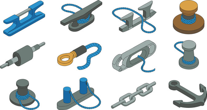 Isometric nautical equipment icons set with cleats bollards rope chain anchor winch marine hardware illustration isolated white