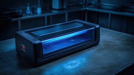 Sleek futuristic kitchen appliance with illuminated blue interior on a dark countertop