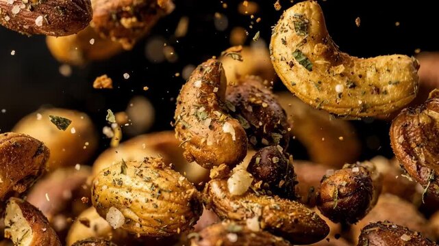 Roasted nuts rotate in a seasoning zone covered with a savory herb and garlic spice mix emphasizing crunchy texture and rich flavor infusion.