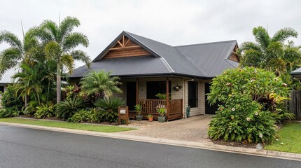 Tropical cottage style home with metal roof and lush greenery on quiet suburban street with palm trees