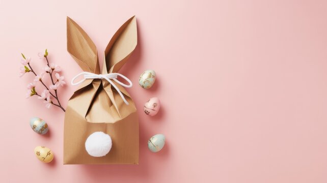 A craft paper bunny gift box with a white pompom tail, surrounded by decorated Easter eggs and cherry blossom branches on a pastel pink background.
