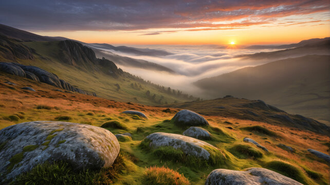 Wolkenmeer im Tal zwischen bemoosten Felsen bei Sonnenaufgang