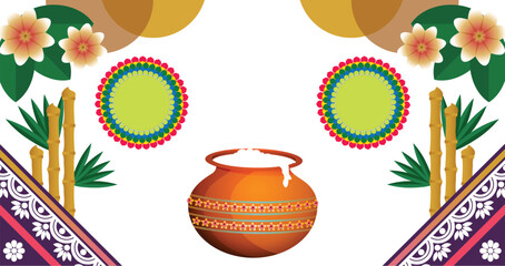 Festive Indian Harvest Celebration Frame with Traditional Pot and Flowers Vector Illustration