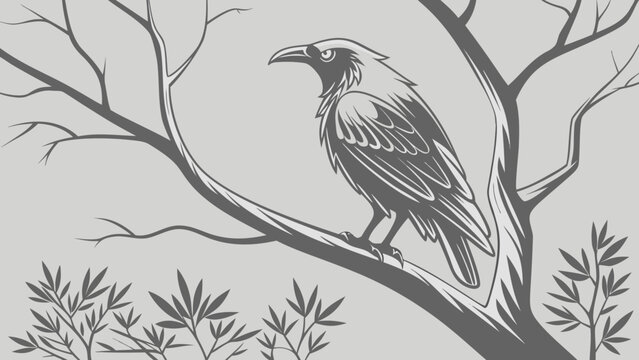 Majestic Raven Perched on a Bare Tree Branch in a Serene Forest Setting.