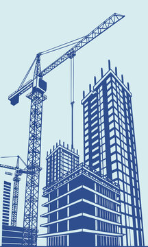 Construction site with cranes and buildings under development.